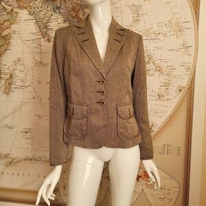 Trevan brown fitted tweed lined blazer pockets cute buttons metallic library 4
